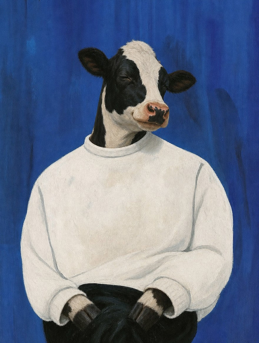 Shaved head, oversized white sweater, blue ground. Painterly illustration print by Drunk Dame.