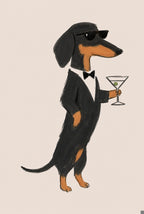 A fat duck in Wayfarers, cigarette in beak, beach behind him. Animal art print by Drunk Dame.