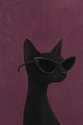 Black cat in cat-eye sunglasses, plum ground. Animal art print by Drunk Dame.