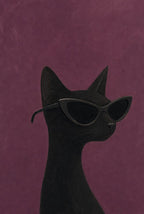 Black cat in cat-eye sunglasses, plum ground. Animal art print by Drunk Dame.