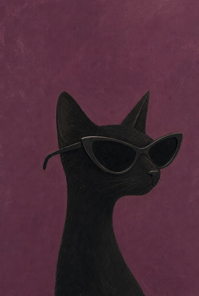 Black cat in cat-eye sunglasses, plum ground. Animal art print by Drunk Dame.