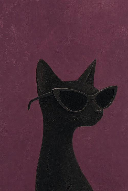 Black cat in cat-eye sunglasses, plum ground. Animal art print by Drunk Dame.