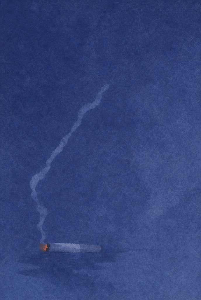 Midnight blue, a single cigarette adrift on the water. Watercolor art print by Drunk Dame.