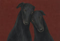 Two black greyhounds against oxblood. Femme art print by Drunk Dame.