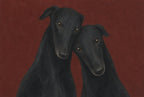 Two black greyhounds against oxblood. Femme art print by Drunk Dame.