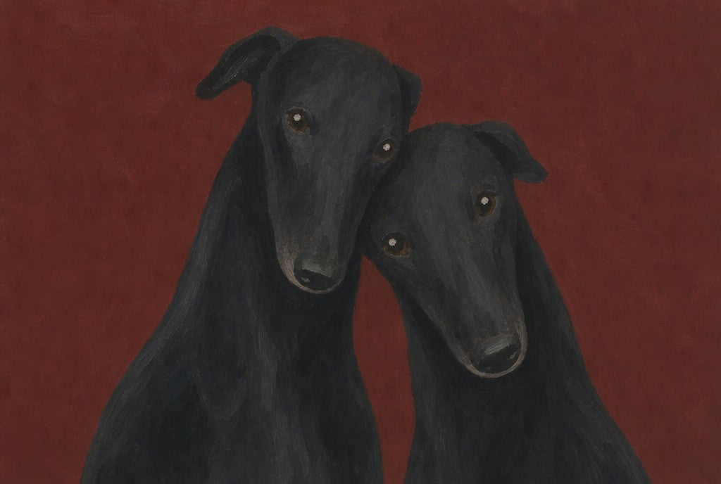 Two black greyhounds against oxblood. Femme art print by Drunk Dame.