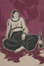 Cross-legged with a bottle and a black cat, plum behind. Femme art print by Drunk Dame.