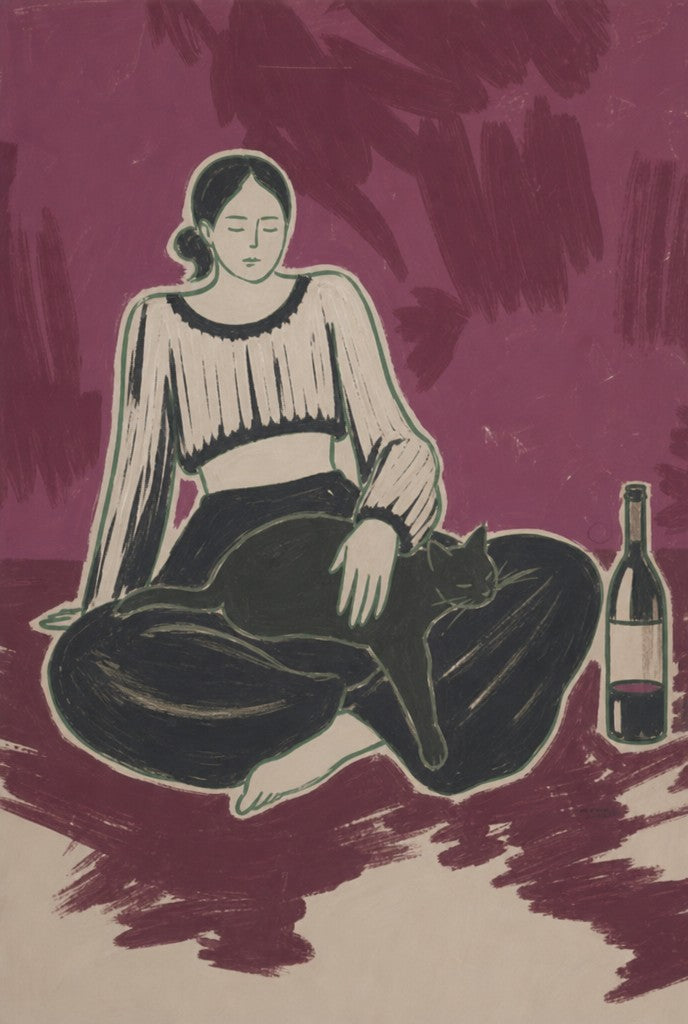 Cross-legged with a bottle and a black cat, plum behind. Femme art print by Drunk Dame.