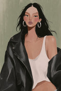Cropped leather jacket, silver hoops, sage wall. Portrait art print by Drunk Dame.