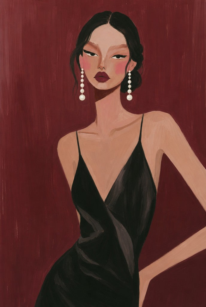 Black slip dress, pearl drop earrings, oxblood wall. Portrait art print by Drunk Dame.