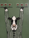 Bartender with six wines balanced overhead. Painterly illustration print by Drunk Dame.