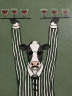 Bartender with six wines balanced overhead. Painterly illustration print by Drunk Dame.