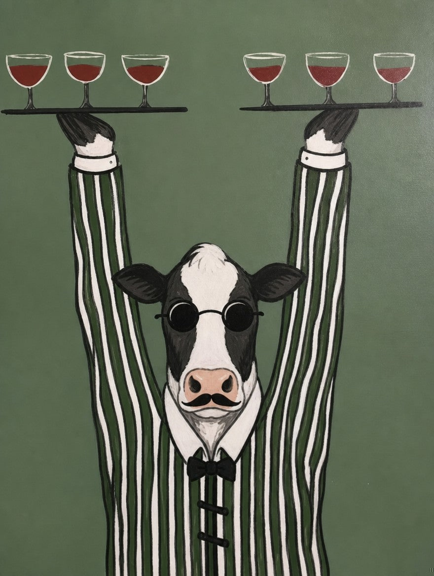 Bartender with six wines balanced overhead. Painterly illustration print by Drunk Dame.