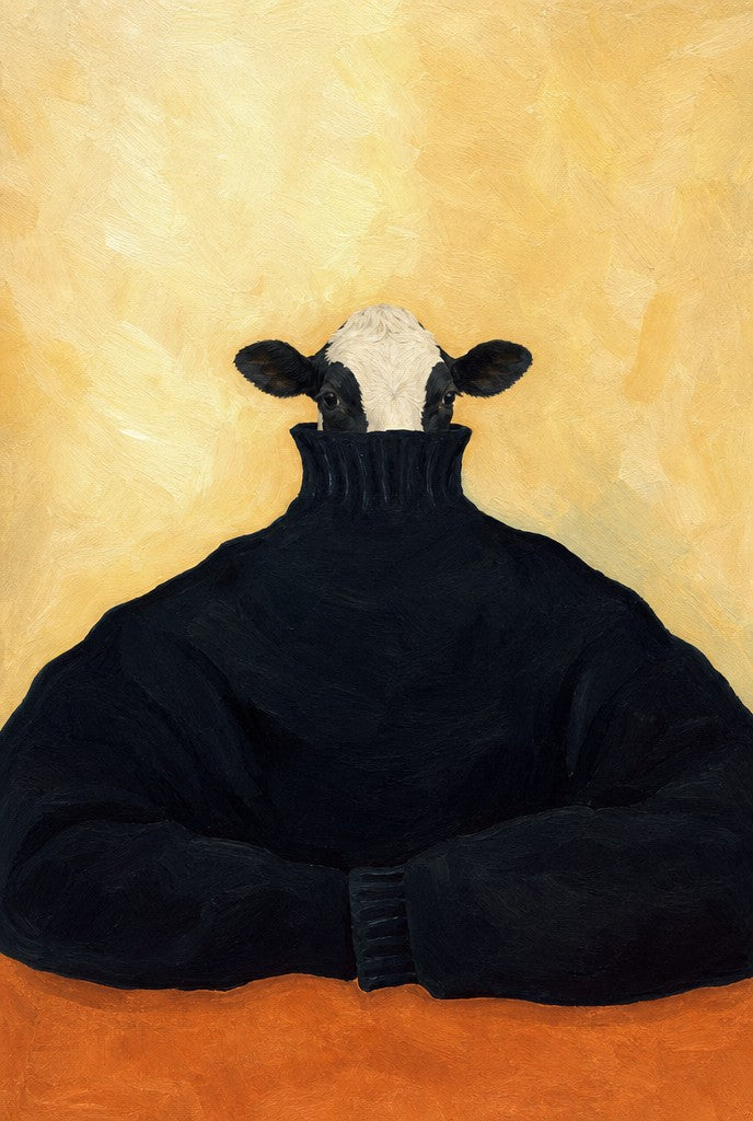 Faceless figure folded into a turtleneck two sizes too big. Painterly illustration print by Drunk Dame.