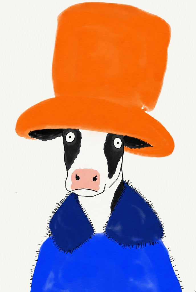 Faceless under an orange velvet hat with a blue fluff collar. Painterly illustration print by Drunk Dame.