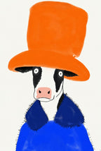 Faceless under an orange velvet hat with a blue fluff collar. Painterly illustration print by Drunk Dame.