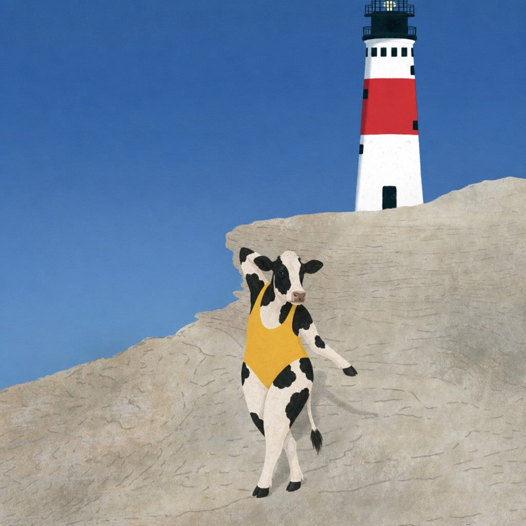 Yellow swimsuit, red-and-white lighthouse, blue sky. Painterly illustration print by Drunk Dame.