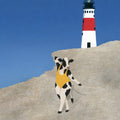 Yellow swimsuit, red-and-white lighthouse, blue sky. Painterly illustration print by Drunk Dame.