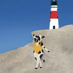 Yellow swimsuit, red-and-white lighthouse, blue sky. Painterly illustration print by Drunk Dame.