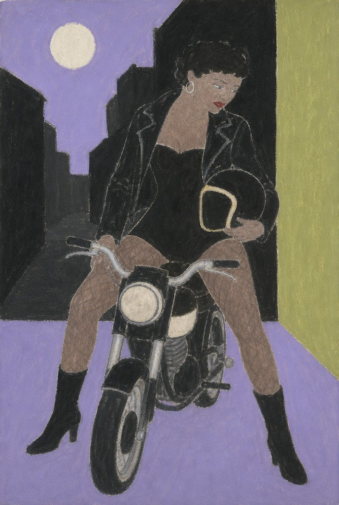 Femme on a motorcycle, lavender and chartreuse against black. Folk art figure print by Drunk Dame.