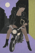 Femme on a motorcycle, lavender and chartreuse against black. Folk art figure print by Drunk Dame.