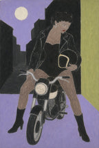 Femme on a motorcycle, lavender and chartreuse against black. Folk art figure print by Drunk Dame.