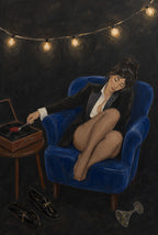 Curled in fishnets, vinyl spinning beside her, cobalt armchair. Portrait art print by Drunk Dame.