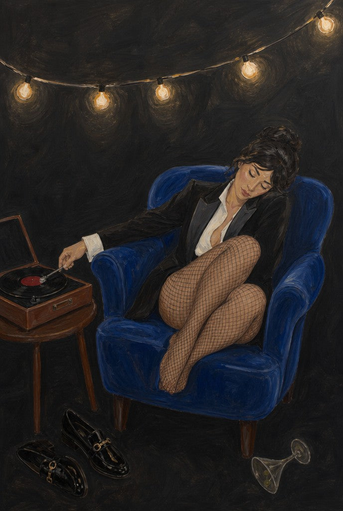 Curled in fishnets, vinyl spinning beside her, cobalt armchair. Portrait art print by Drunk Dame.