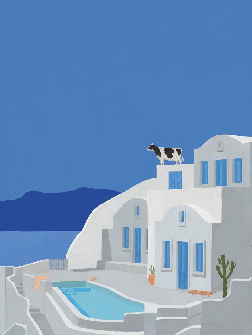 White buildings, blue shutters, one pool nobody's in. Painterly illustration print by Drunk Dame.