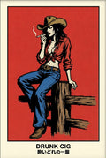 Hooded skeleton in a blue robe, cigarette in hand, coffee at his feet. Vintage poster art print by Drunk Dame.