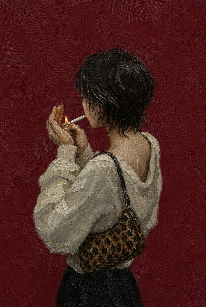 From behind, lighting a cigarette against an oxblood wall. Portrait art print by Drunk Dame.