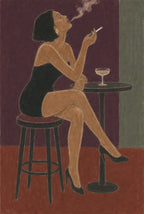 Femme on a bar stool, cigarette lit, painted in plum and sage flat blocks. Folk art figure print by Drunk Dame.