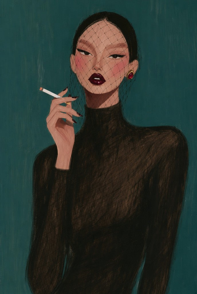 Fishnet veil, cigarette burning, deep teal wall. Portrait art print by Drunk Dame.