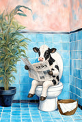 Black cat on the toilet reading the paper. Painterly illustration print by Drunk Dame.