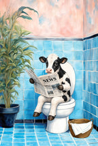 Black cat on the toilet reading the paper. Painterly illustration print by Drunk Dame.