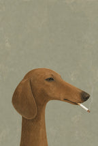 Dachshund with a cigarette in his mouth, sage ground. Animal art print by Drunk Dame.