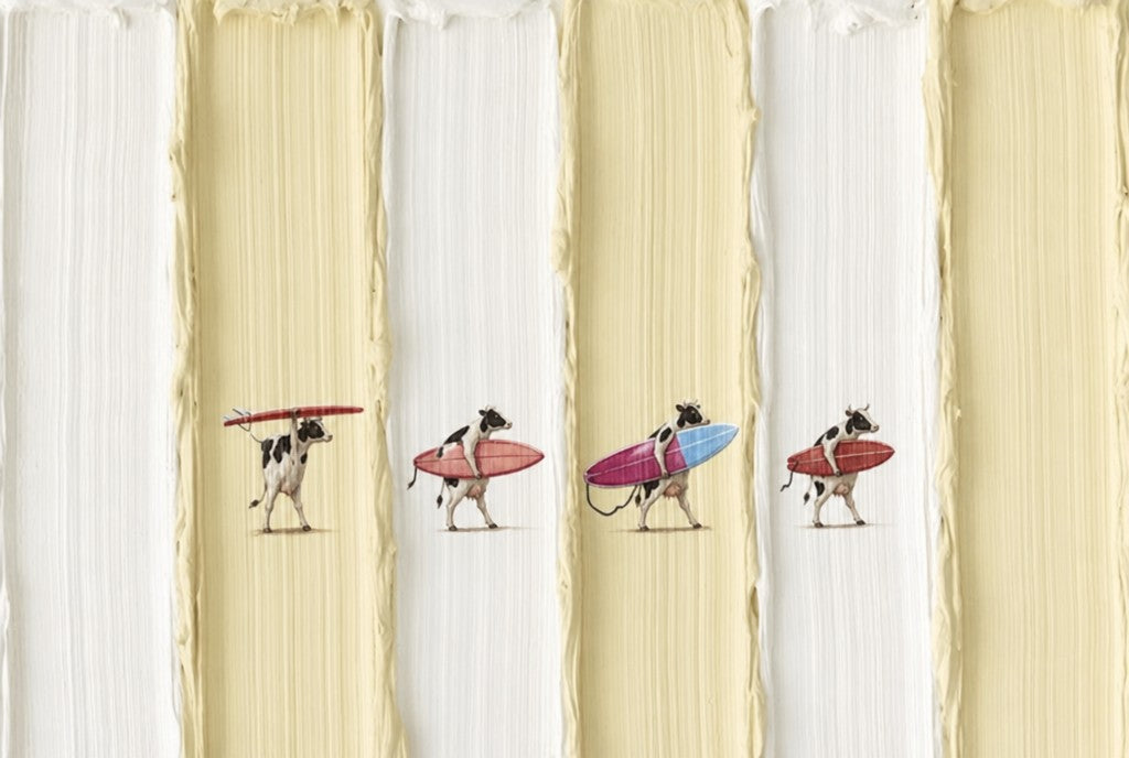 Four tiny surfers walking the beach in vertical cream stripes. Painterly illustration print by Drunk Dame.