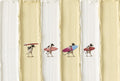 Four tiny surfers walking the beach in vertical cream stripes. Painterly illustration print by Drunk Dame.