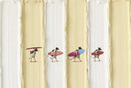 Four tiny surfers walking the beach in vertical cream stripes. Painterly illustration print by Drunk Dame.