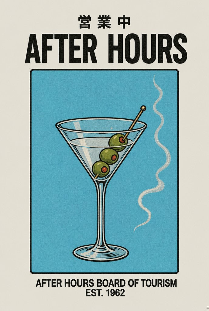 AFTER HOURS travel poster. Travel poster print by Drunk Dame.
