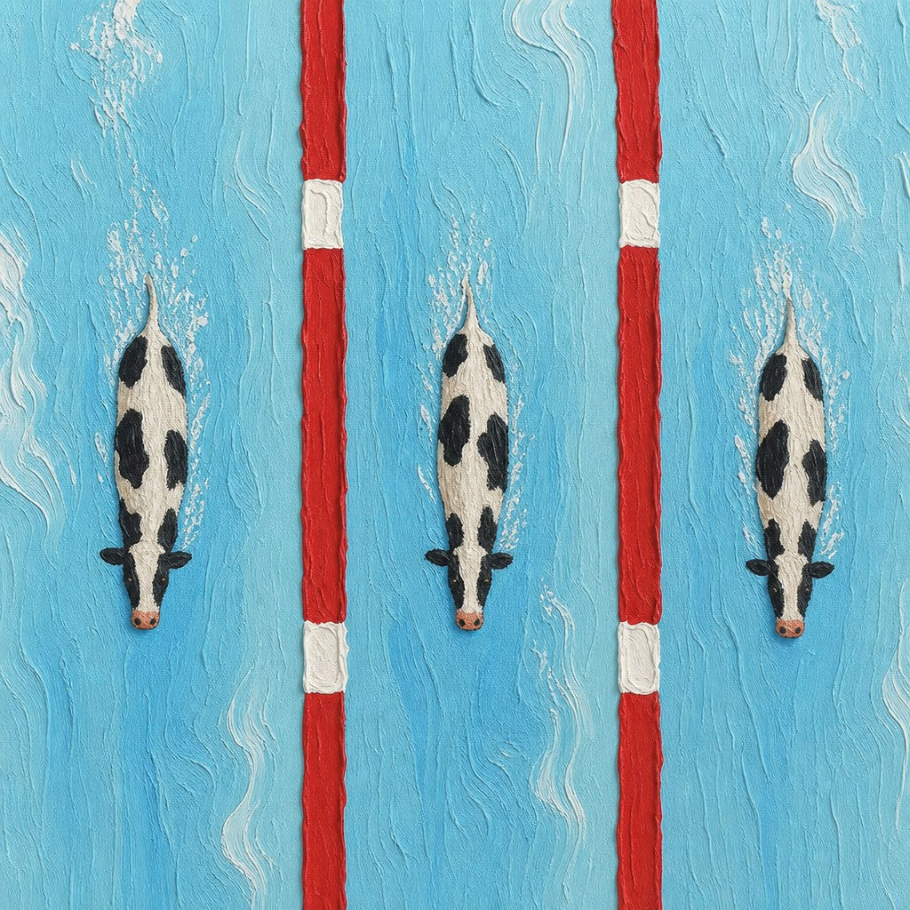Olympic pool from above, red lane lines, every swimmer in her own. Painterly illustration print by Drunk Dame.