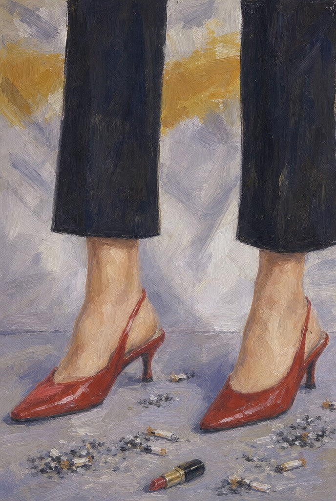 Close oil of two feet in red kitten heels, cigarette ash on the floor. Femme art print by Drunk Dame.