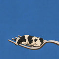 Yellow spaghetti on a silver fork, cobalt ground. Painterly illustration print by Drunk Dame.