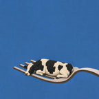 Yellow spaghetti on a silver fork, cobalt ground. Painterly illustration print by Drunk Dame.