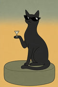 Black cat in cat-eye sunglasses, martini in paw, sage interior. Animal art print by Drunk Dame.