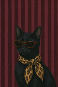 Black cat in tortoiseshell sunglasses, leopard scarf, oxblood stripe. Painterly figure art print by Drunk Dame.