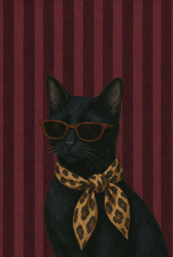 Black cat in tortoiseshell sunglasses, leopard scarf, oxblood stripe. Painterly figure art print by Drunk Dame.