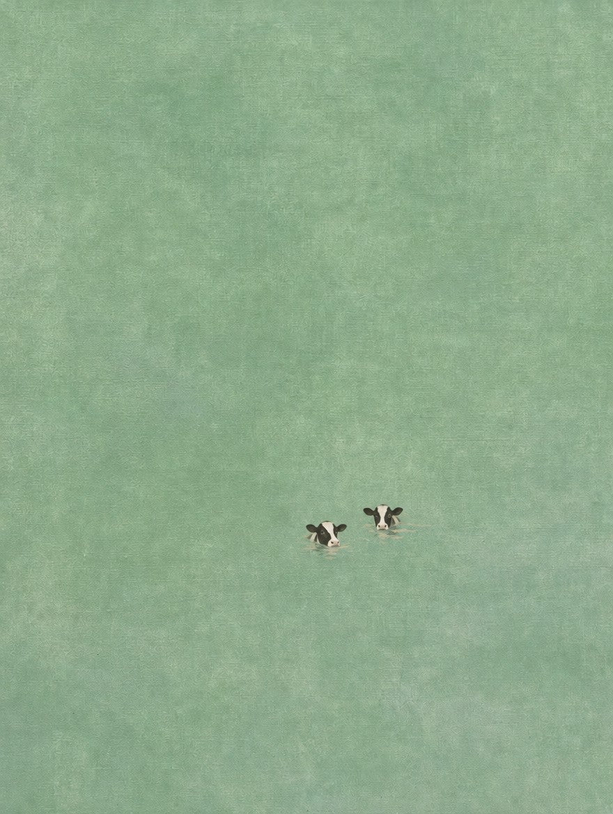 Two swimmers, one flat green sea. Painterly illustration print by Drunk Dame.