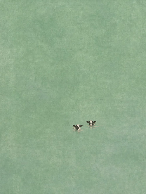 Two swimmers, one flat green sea. Painterly illustration print by Drunk Dame.