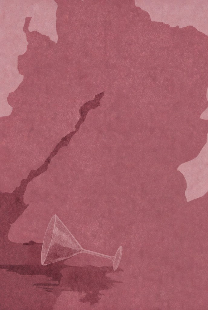 Oxblood sky and water, a single tipped martini glass floating. Watercolor art print by Drunk Dame.